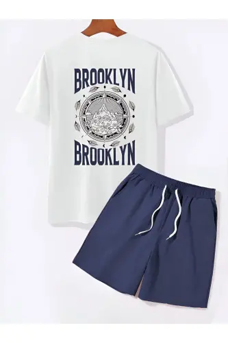 Navy & white Brooklyn printed shorts set 