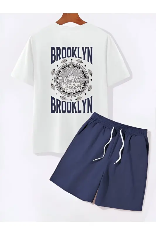 Navy & white Brooklyn printed shorts set - TRENDGAR