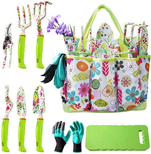 NAYE Garden Tool Set, Cute Gardening Gifts for Women, Birthday Gifts for Mom, Heavy Duty Tool Kit with Gloves, Garden Tote, Kneeling Pad, Hand Pruner, Trowel, Hand Rake, Weeder, Fork, Transplanter, Multicolor - 1