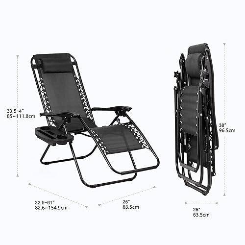 Nazhura 2'li Rahatlama Koltuğu Bahçe Sandalyesi Ayarlanabilir Çelik Ağ Sıfır Yerçekimi Şezlong Sandalye Plaj Sandalyeleri Yastık ve Bardak Tutucu ile Siyah - 4