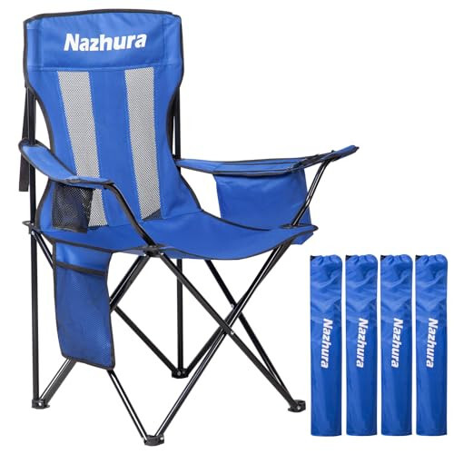 Nazhura 4 Pack Outdoor Camping Chairs Folding/Foldable/Portable with Cooler Pouch, Mesh Backrest and Cup Holder Pocket (Blue, 4 Pack) - 1