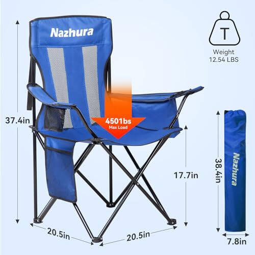 Nazhura 4 Pack Outdoor Camping Chairs Folding/Foldable/Portable with Cooler Pouch, Mesh Backrest and Cup Holder Pocket (Blue, 4 Pack) - 3