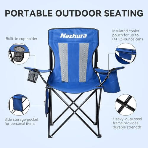 Nazhura 4 Pack Outdoor Camping Chairs Folding/Foldable/Portable with Cooler Pouch, Mesh Backrest and Cup Holder Pocket (Blue, 4 Pack) - 4