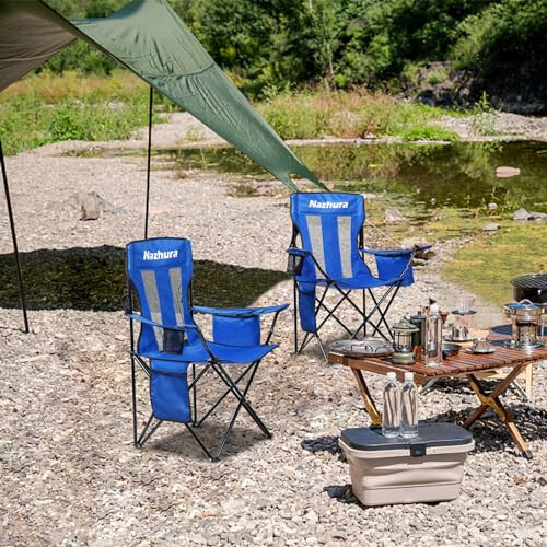 Nazhura 4 Pack Outdoor Camping Chairs Folding/Foldable/Portable with Cooler Pouch, Mesh Backrest and Cup Holder Pocket (Blue, 4 Pack) - 6