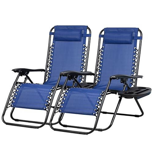 Nazhura Set of 2 Relaxing Recliners Patio Chairs Adjustable Steel Mesh Zero Gravity Lounge Chair Beach Chairs with Pillow and Cup Holder (Blue) - 1