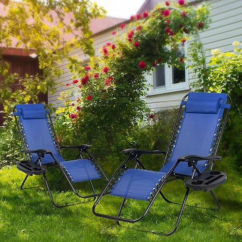 Nazhura Set of 2 Relaxing Recliners Patio Chairs Adjustable Steel Mesh Zero Gravity Lounge Chair Beach Chairs with Pillow and Cup Holder (Blue) - 2