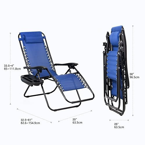 Nazhura Set of 2 Relaxing Recliners Patio Chairs Adjustable Steel Mesh Zero Gravity Lounge Chair Beach Chairs with Pillow and Cup Holder (Blue) - 3