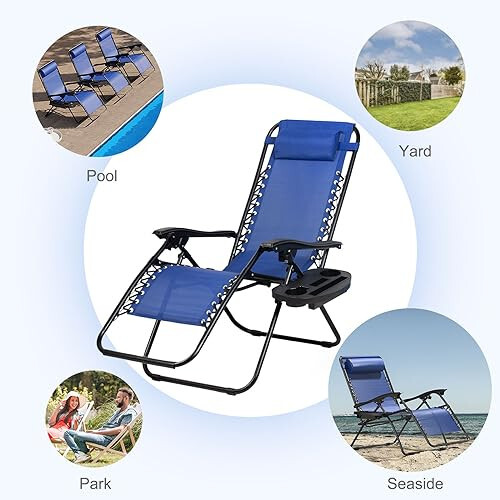 Nazhura Set of 2 Relaxing Recliners Patio Chairs Adjustable Steel Mesh Zero Gravity Lounge Chair Beach Chairs with Pillow and Cup Holder (Blue) - 6