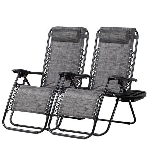 Nazhura Set of 2 Relaxing Recliners Patio Chairs Adjustable Steel Mesh Zero Gravity Lounge Chair Beach Chairs with Pillow and Cup Holder (Grey) - 2