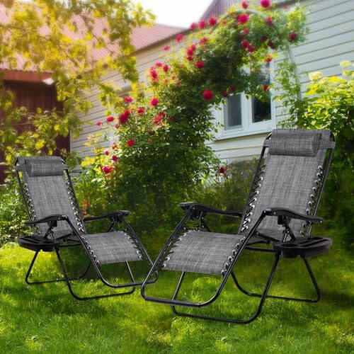 Nazhura Set of 2 Relaxing Recliners Patio Chairs Adjustable Steel Mesh Zero Gravity Lounge Chair Beach Chairs with Pillow and Cup Holder (Grey) - 3