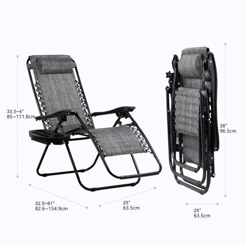 Nazhura Set of 2 Relaxing Recliners Patio Chairs Adjustable Steel Mesh Zero Gravity Lounge Chair Beach Chairs with Pillow and Cup Holder (Grey) - 4