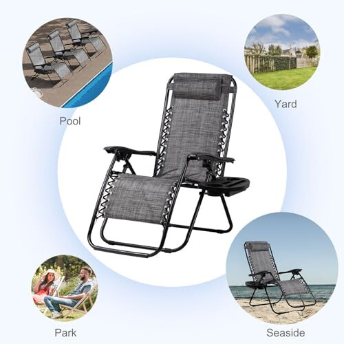 Nazhura Set of 2 Relaxing Recliners Patio Chairs Adjustable Steel Mesh Zero Gravity Lounge Chair Beach Chairs with Pillow and Cup Holder (Grey) - 6