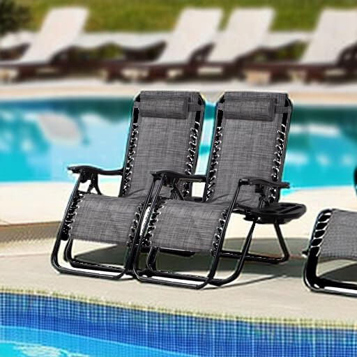 Nazhura Set of 2 Relaxing Recliners Patio Chairs Adjustable Steel Mesh Zero Gravity Lounge Chair Beach Chairs with Pillow and Cup Holder (Grey) - 1