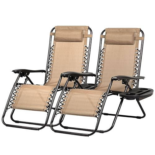 Nazhura Set of 2 Relaxing Recliners Patio Chairs Adjustable Steel Mesh Zero Gravity Lounge Chair Beach Chairs with Pillow and Cup Holder Khaki - 1