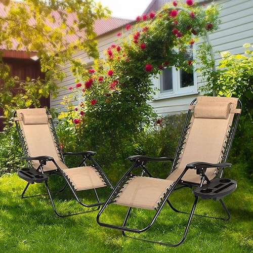 Nazhura Set of 2 Relaxing Recliners Patio Chairs Adjustable Steel Mesh Zero Gravity Lounge Chair Beach Chairs with Pillow and Cup Holder Khaki - 2