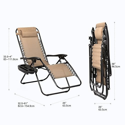 Nazhura Set of 2 Relaxing Recliners Patio Chairs Adjustable Steel Mesh Zero Gravity Lounge Chair Beach Chairs with Pillow and Cup Holder Khaki - 3