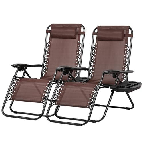 Nazhura Set of 2 Relaxing Recliners Patio Chairs Adjustable Steel Mesh Zero Gravity Lounge Chair Beach Chairs with Pillow and Cup Holder Khaki (Brown) - 1