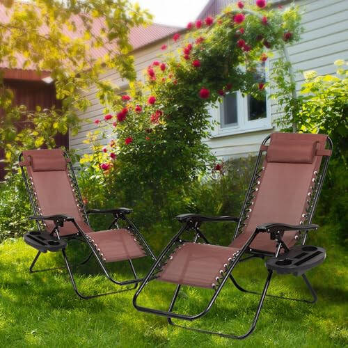 Nazhura Set of 2 Relaxing Recliners Patio Chairs Adjustable Steel Mesh Zero Gravity Lounge Chair Beach Chairs with Pillow and Cup Holder Khaki (Brown) - 2