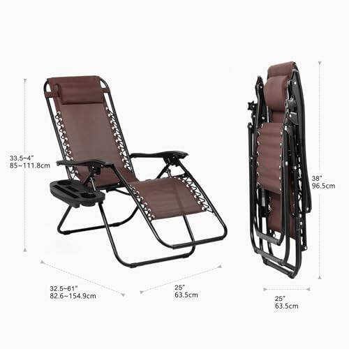 Nazhura Set of 2 Relaxing Recliners Patio Chairs Adjustable Steel Mesh Zero Gravity Lounge Chair Beach Chairs with Pillow and Cup Holder Khaki (Brown) - 3