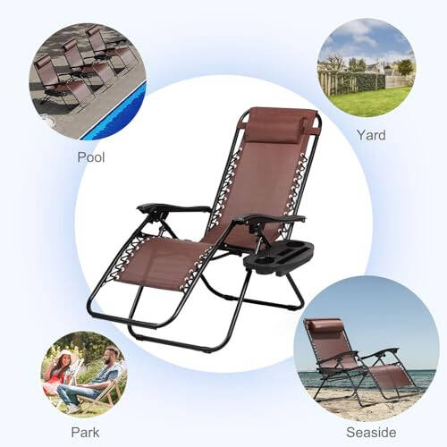 Nazhura Set of 2 Relaxing Recliners Patio Chairs Adjustable Steel Mesh Zero Gravity Lounge Chair Beach Chairs with Pillow and Cup Holder Khaki (Brown) - 5