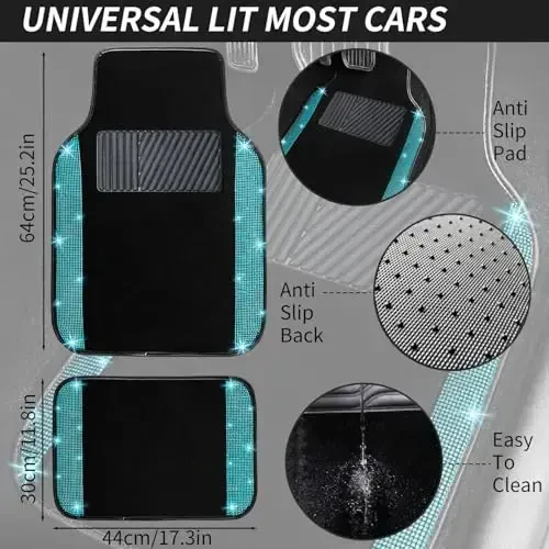 NBTEPEM Aquamrine Bling Car Floor Mats Full Set, Universal Fit Most Cars,SUV, Trucks, 4 pcs Sparkle Glitter Diamond Carpet for Women Girls with Anti-Slip Pad (Aquamarine Diamond) - 7