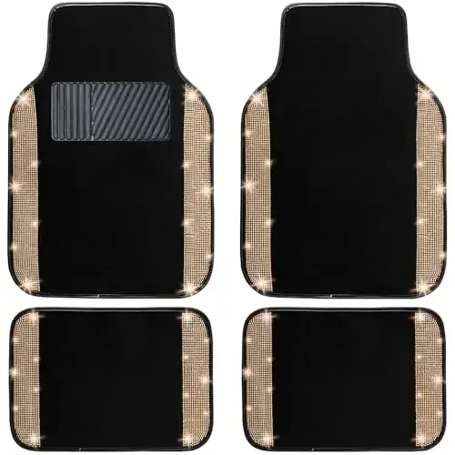 NBTEPEM Gold Bling Car Floor Mats Full Set, Universal Fit Most Cars,SUV, Trucks, 4 pcs Sparkle Glitter Diamond Carpet for Women Girls with Anti-Slip Pad (Gold Diamond) - 1