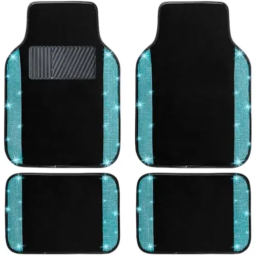 NBTEPEM Aquamrine Bling Car Floor Mats Full Set, Universal Fit Most Cars,SUV, Trucks, 4 pcs Sparkle Glitter Diamond Carpet for Women Girls with Anti-Slip Pad (Aquamarine Diamond) - NBTEPEM