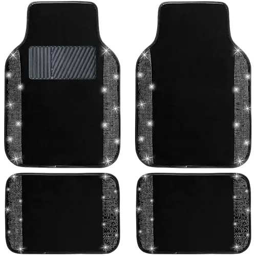NBTEPEM Black Bling Avtomobil Polonlarining To'liq To'plami, Ko'pgina Avtomobillar, SUV, Yuk Mashinalar uchun Universal Moslash, 4 dona Yaltirayotgan Glitter Olmos Gilam Ayollar va Qizlar uchun Sirpanishga Qarshi Pad bilan (Qora Olmos) 