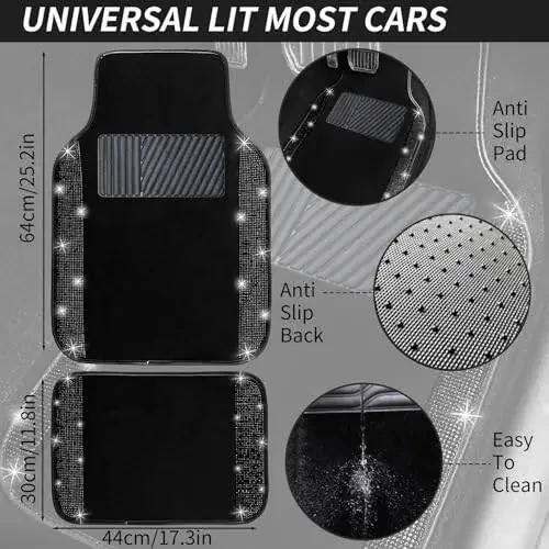 NBTEPEM Black Bling Car Floor Mats Full Set, Universal Fit Most Cars,SUV, Trucks, 4 pcs Sparkle Glitter Diamond Carpet for Women Girls with Anti-Slip Pad (Black Diamond) - 4