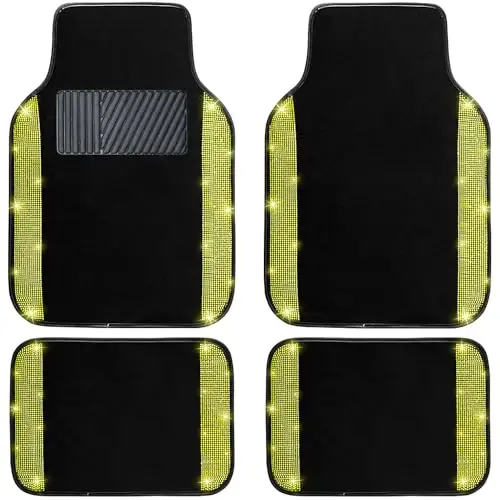 NBTEPEM Bling Car Floor Mats Full Set, Universal Fit Most Cars,SUV, Trucks, 4 pcs Sparkle Glitter Diamond Carpet for Women Girls with Anti-Slip Pad (Yellow Diamond) 