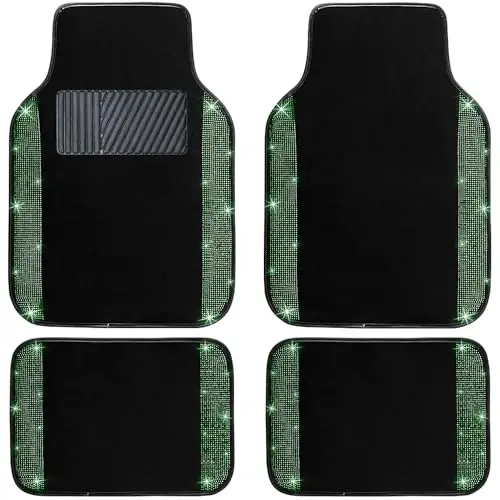 NBTEPEM Bling Car Floor Mats Full Set, Universal Fit Most Cars,SUV, Trucks, 4 pcs Sparkle Glitter Diamond Carpet for Women Girls with Anti-Slip Pad (Green Diamond) 