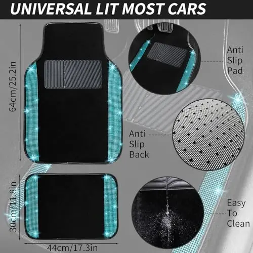NBTEPEM Bling Car Floor Mats Full Set and Steering Wheel Cover, Universal Fit Most Cars, 4 pcs Sparkle Glitter Diamond Carpet, 5 pcs Bling Car Accessories Set for Women (Aquamarine Diamond) - 4
