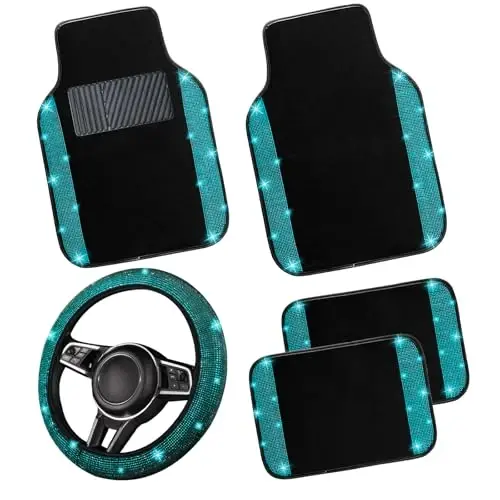 NBTEPEM Bling Car Floor Mats Full Set and Steering Wheel Cover, Universal Fit Most Cars, 4 pcs Sparkle Glitter Diamond Carpet, 5 pcs Bling Car Accessories Set for Women (Aquamarine Diamond) 