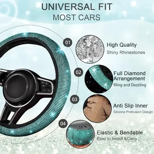 NBTEPEM Bling Car Floor Mats Full Set and Steering Wheel Cover, Universal Fit Most Cars, 4 pcs Sparkle Glitter Diamond Carpet, 5 pcs Bling Car Accessories Set for Women (Aquamarine Diamond) - 5