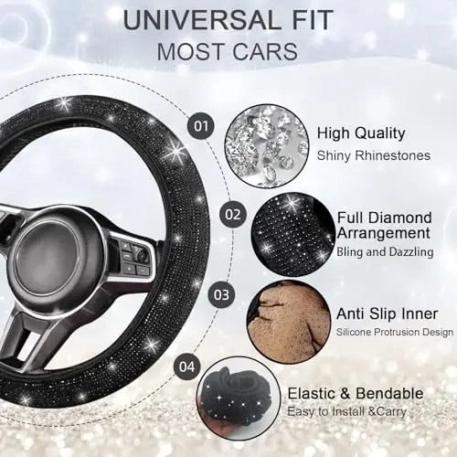 NBTEPEM Bling Car Floor Mats Full Set and Steering Wheel Cover, Universal Fit Most Cars, 4 pcs Sparkle Glitter Diamond Carpet, 5 pcs Bling Car Accessories Set for Women (Black Diamond) - 5