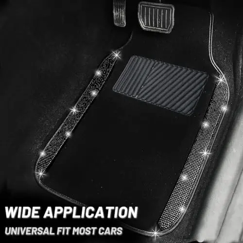 NBTEPEM Bling Car Floor Mats Full Set and Steering Wheel Cover, Universal Fit Most Cars, 4 pcs Sparkle Glitter Diamond Carpet, 5 pcs Bling Car Accessories Set for Women (Black Diamond) - 3