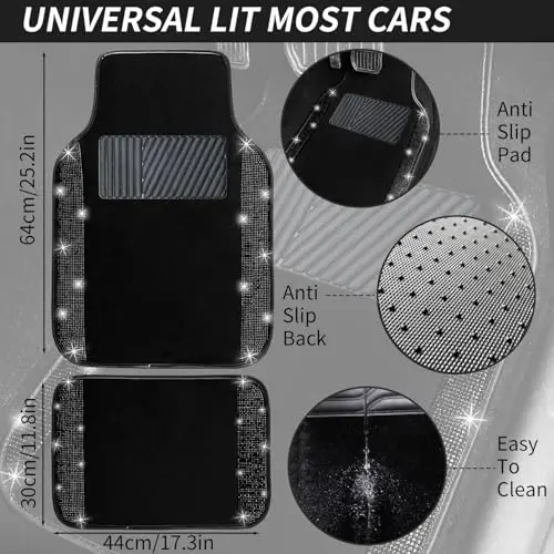 NBTEPEM Bling Car Floor Mats Full Set and Steering Wheel Cover, Universal Fit Most Cars, 4 pcs Sparkle Glitter Diamond Carpet, 5 pcs Bling Car Accessories Set for Women (Black Diamond) - 4