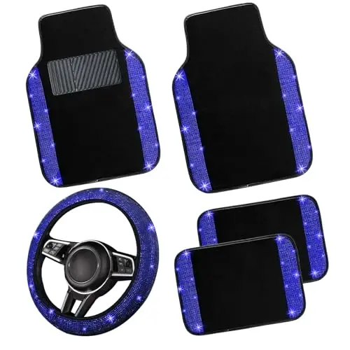 NBTEPEM Bling Car Floor Mats Full Set and Steering Wheel Cover, Universal Fit Most Cars, 4 pcs Sparkle Glitter Diamond Carpet, 5 pcs Bling Car Accessories Set for Women (Blue Diamond) 