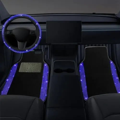 NBTEPEM Bling Car Floor Mats Full Set and Steering Wheel Cover, Universal Fit Most Cars, 4 pcs Sparkle Glitter Diamond Carpet, 5 pcs Bling Car Accessories Set for Women (Blue Diamond) - 2