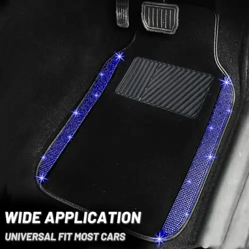 NBTEPEM Bling Car Floor Mats Full Set and Steering Wheel Cover, Universal Fit Most Cars, 4 pcs Sparkle Glitter Diamond Carpet, 5 pcs Bling Car Accessories Set for Women (Blue Diamond) - 3