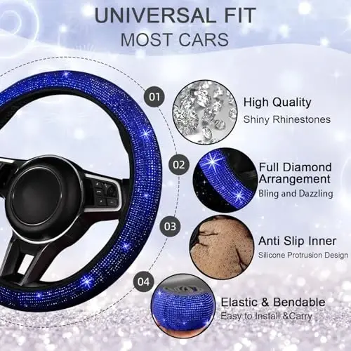NBTEPEM Bling Car Floor Mats Full Set and Steering Wheel Cover, Universal Fit Most Cars, 4 pcs Sparkle Glitter Diamond Carpet, 5 pcs Bling Car Accessories Set for Women (Blue Diamond) - 5