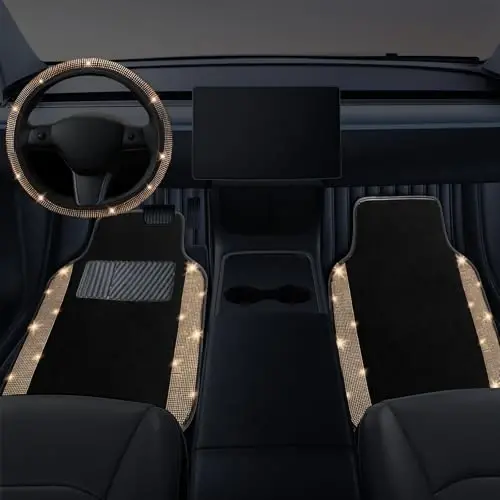 NBTEPEM Bling Car Floor Mats Full Set and Steering Wheel Cover, Universal Fit Most Cars, 4 pcs Sparkle Glitter Diamond Carpet, 5 pcs Bling Car Accessories Set for Women (Gold Champagne Diamond) - 2