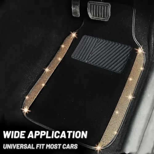 NBTEPEM Bling Car Floor Mats Full Set and Steering Wheel Cover, Universal Fit Most Cars, 4 pcs Sparkle Glitter Diamond Carpet, 5 pcs Bling Car Accessories Set for Women (Gold Champagne Diamond) - 3