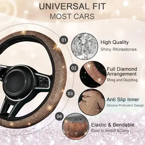 NBTEPEM Bling Car Floor Mats Full Set and Steering Wheel Cover, Universal Fit Most Cars, 4 pcs Sparkle Glitter Diamond Carpet, 5 pcs Bling Car Accessories Set for Women (Gold Champagne Diamond) - 5