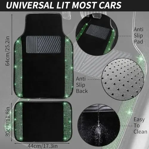 NBTEPEM Bling Car Floor Mats Full Set and Steering Wheel Cover, Universal Fit Most Cars, 4 pcs Sparkle Glitter Diamond Carpet, 5 pcs Bling Car Accessories Set for Women (Green Diamond) - 4