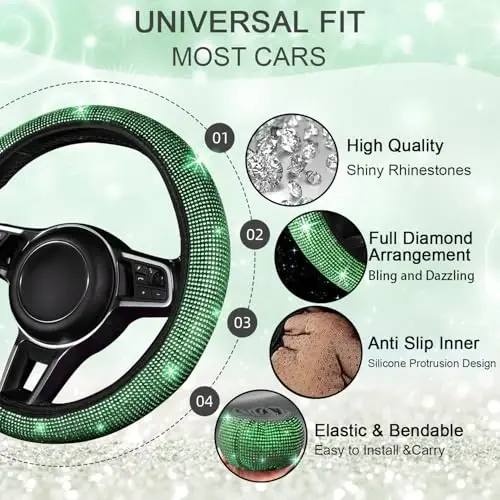 NBTEPEM Bling Car Floor Mats Full Set and Steering Wheel Cover, Universal Fit Most Cars, 4 pcs Sparkle Glitter Diamond Carpet, 5 pcs Bling Car Accessories Set for Women (Green Diamond) - 5