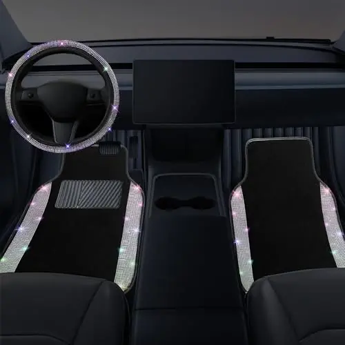 NBTEPEM Bling Car Floor Mats Full Set and Steering Wheel Cover, Universal Fit Most Cars, 4 pcs Sparkle Glitter Diamond Carpet, 5 pcs Bling Car Accessories Set for Women (Multicolor Diamond) - NBTEPEM (1)