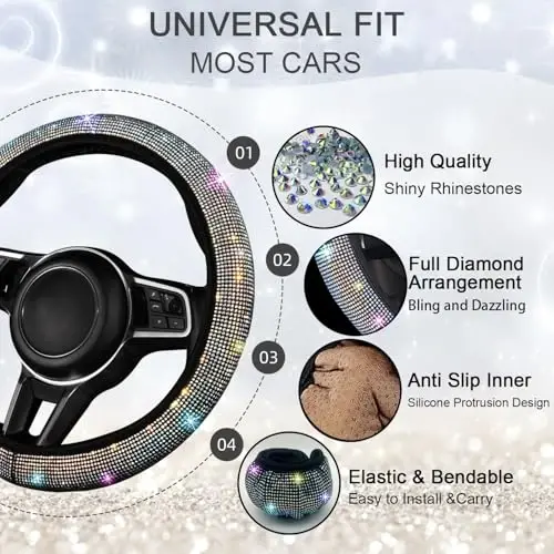 NBTEPEM Bling Car Floor Mats Full Set and Steering Wheel Cover, Universal Fit Most Cars, 4 pcs Sparkle Glitter Diamond Carpet, 5 pcs Bling Car Accessories Set for Women (Multicolor Diamond) - 5