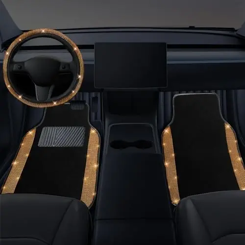 NBTEPEM Bling Car Floor Mats Full Set and Steering Wheel Cover, Universal Fit Most Cars, 4 pcs Sparkle Glitter Diamond Carpet, 5 pcs Bling Car Accessories Set for Women (Orange Diamond) - 2