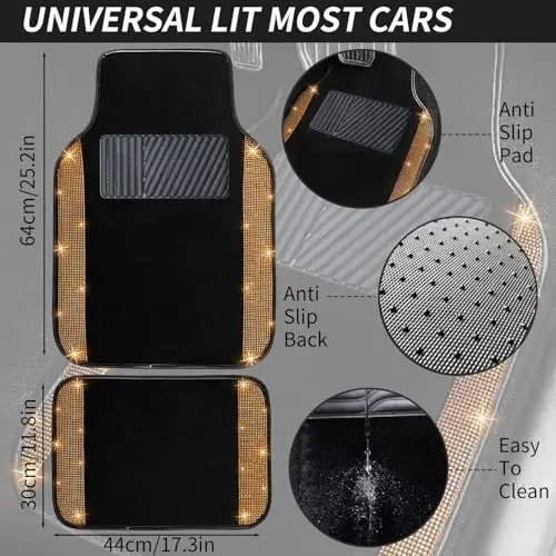 NBTEPEM Bling Car Floor Mats Full Set and Steering Wheel Cover, Universal Fit Most Cars, 4 pcs Sparkle Glitter Diamond Carpet, 5 pcs Bling Car Accessories Set for Women (Orange Diamond) - 4